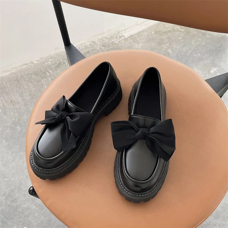 kf S1e4aa02b50c141138e73432c6b27b392p Women Flat Shoes Bow Leather Shoes Ladies 2024 New Autumn Thick Heel Loafers Woman Fashion Comfortable